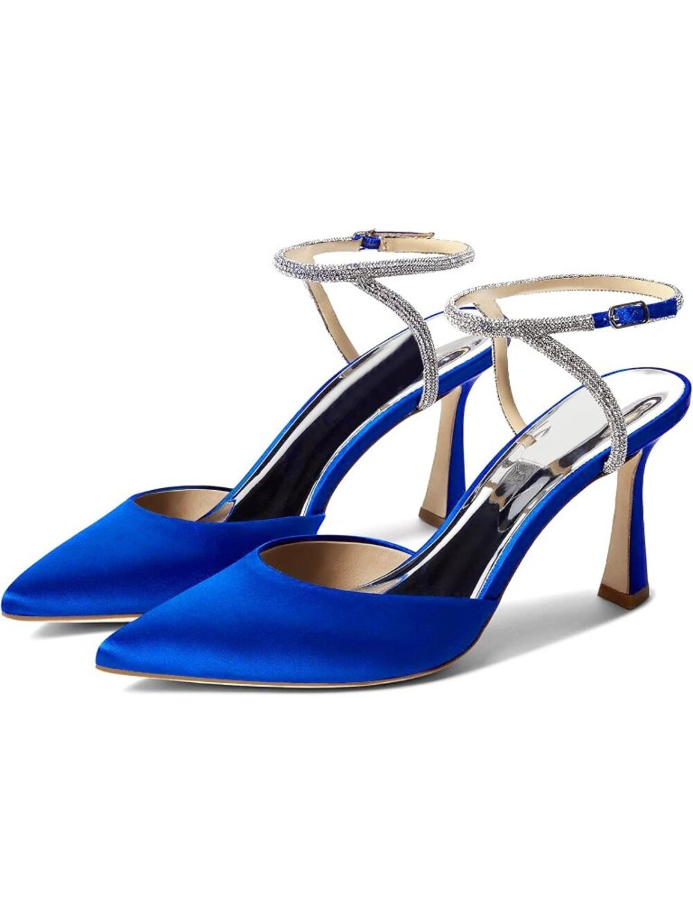 Women's Blue Rhinestone Heels Kitten High Satin Pumps Pointed Toe Sparkly Shoes